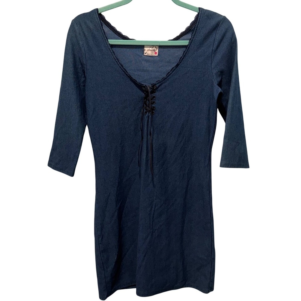 Intimately Free‎ People Blue Denim Look Lace Up Mini Dress Small 3/4 Sleeve Lace